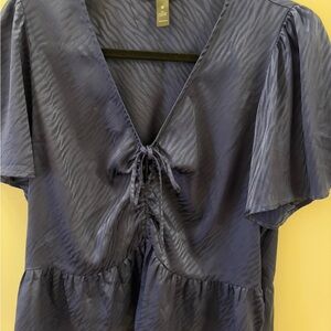 Aqua Navy Tie-Front V-Neck Flutter Sleeve Top - Size XL